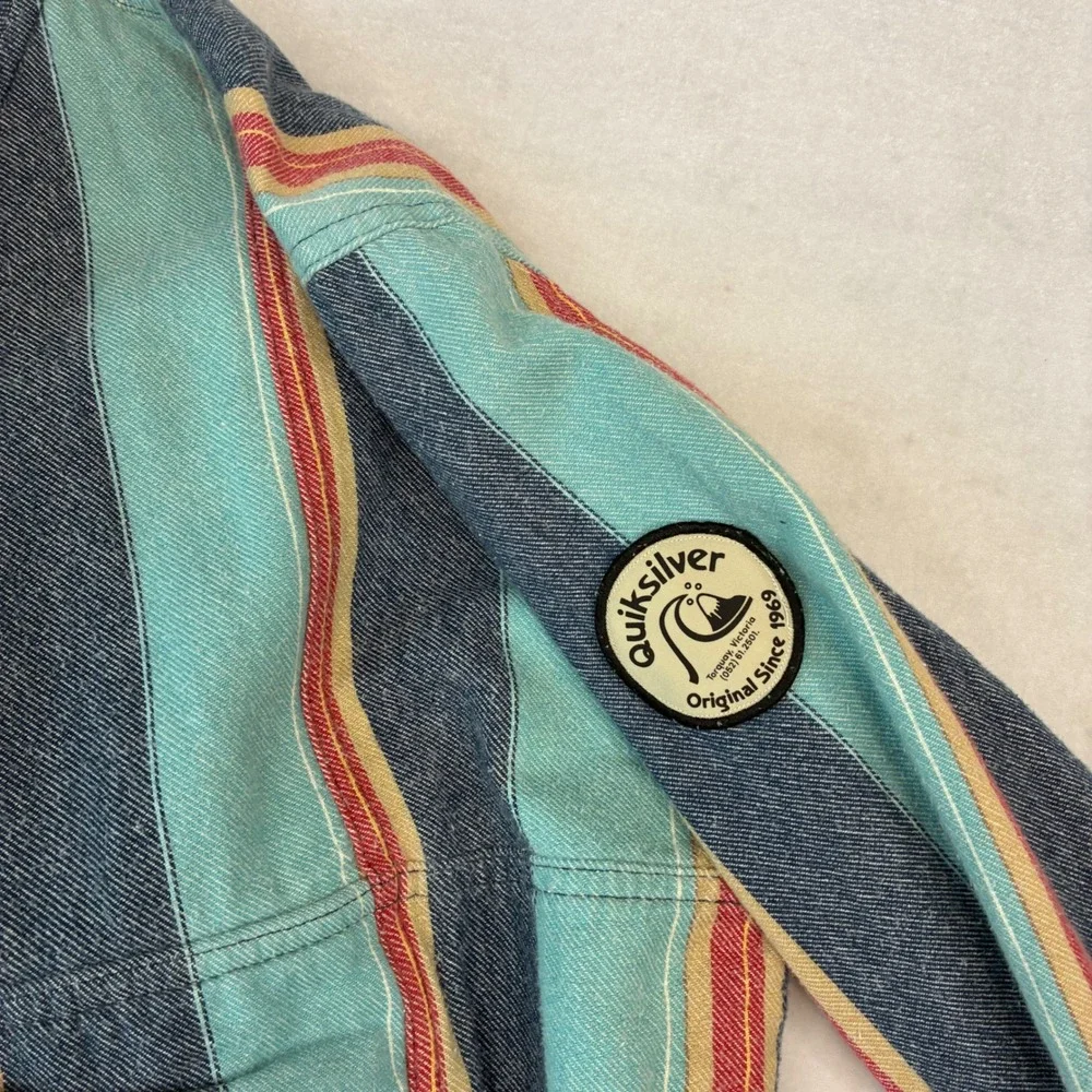 Quiksilver Baja Hoodie Men S Teal Blue Red Striped Pullover Anorak Surf Shirt